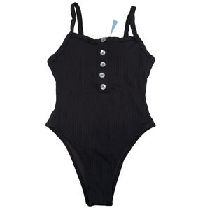NWT Cupshe Womens Black Ribbed High Leg One Piece Swimsuit Size Small